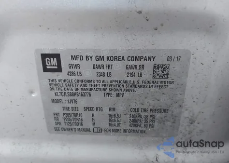 2017 Chevrolet Trax Lt из США, поврежденный, VIN KL7CJLSB8HB163776